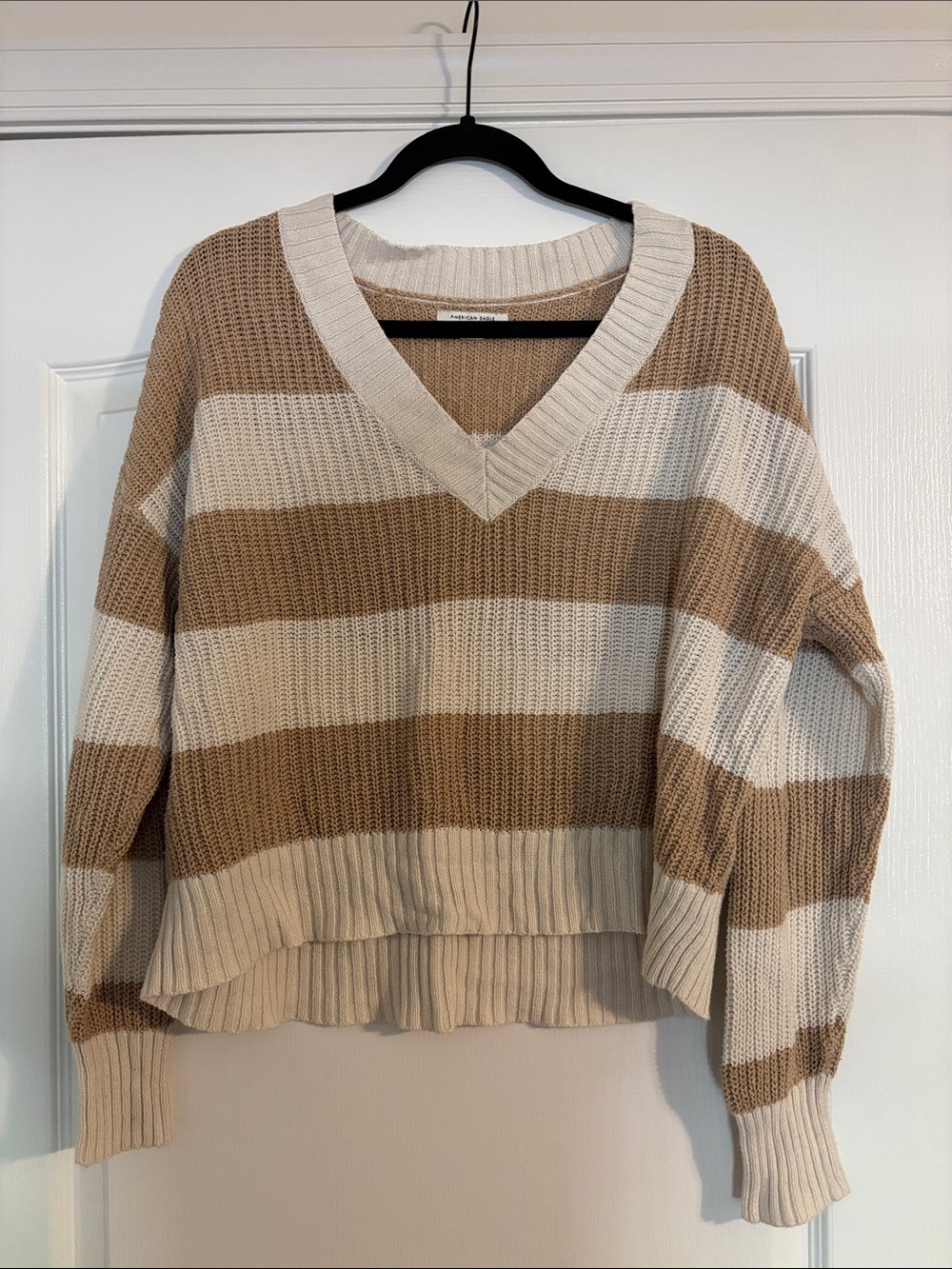 American Eagle Outfitters Beige and Cream Striped V-Neck Sweater